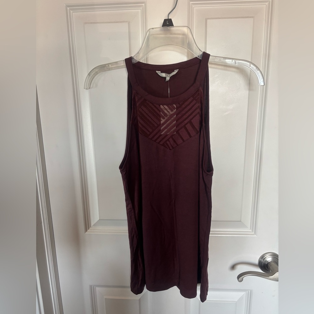 BKE Women's Sleeveless Tank Top in Burgundy with Sheer Geometric Yoke